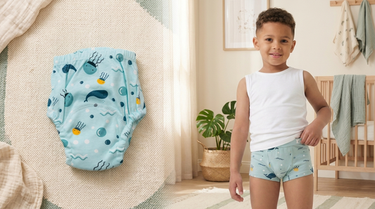 Rudie Baby Toilet Training Pants in Whales print on the left and toddler wearing matching Toilet Training Underwear on the right, sage and cream nursery setting, Australia