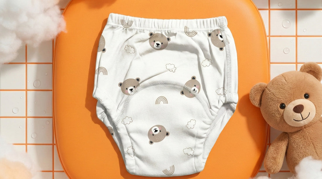 Bobby the Bear print cotton Toilet Training Pants on an orange tray beside a teddy bear