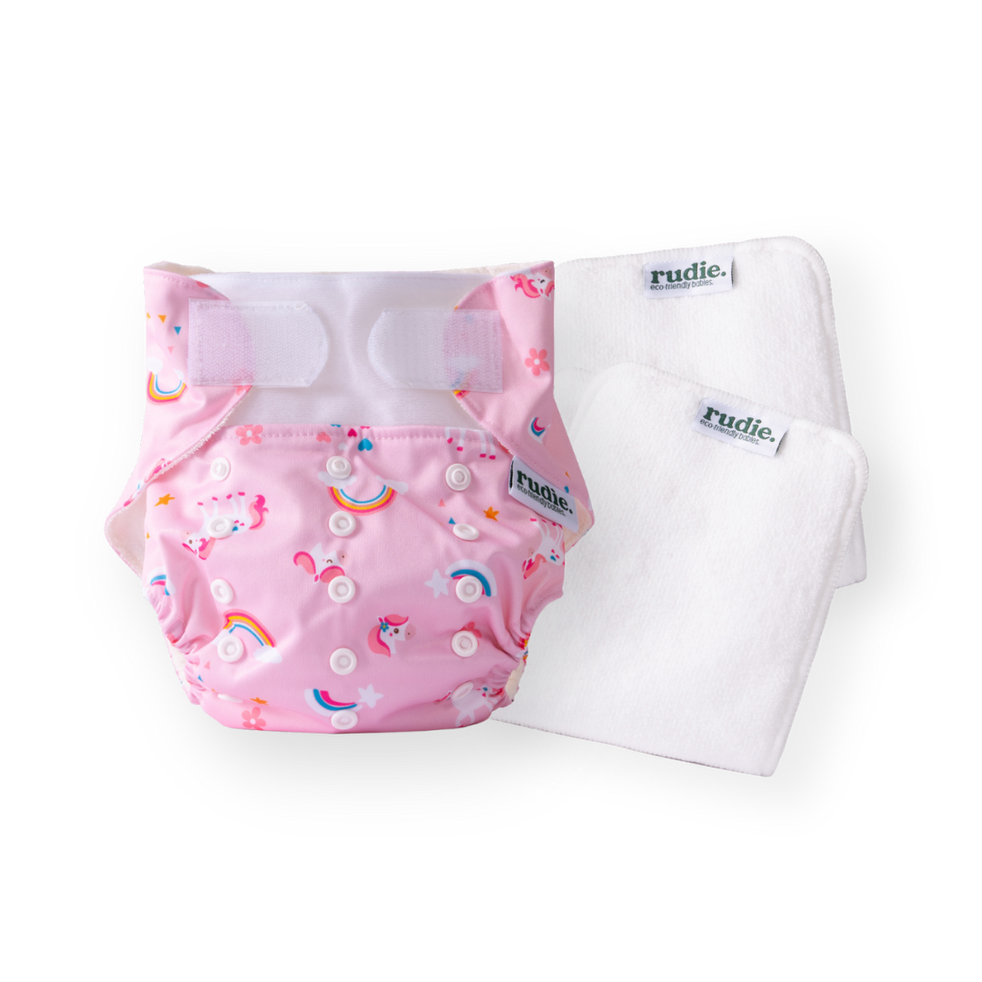 Rudie Baby DryStart toilet training diaper in Unicorns print with inserts