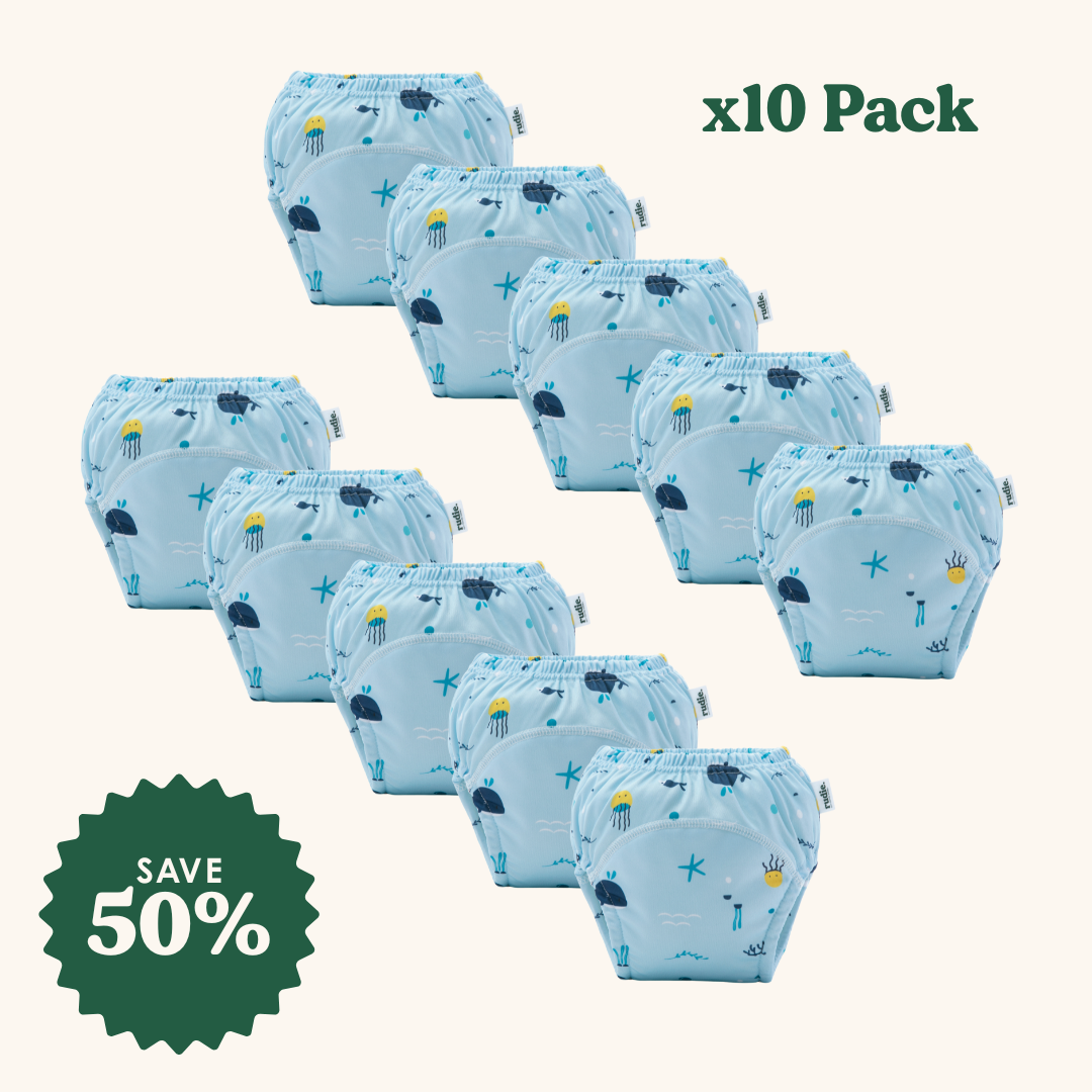 Rudie Baby 10-pack toilet training pants in Whales print, product flat lay