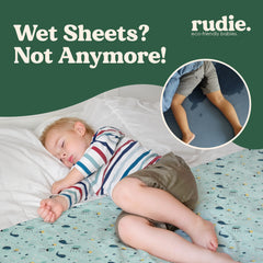 Rudie Baby leakproof bed guard lifestyle ad - no more wet beds