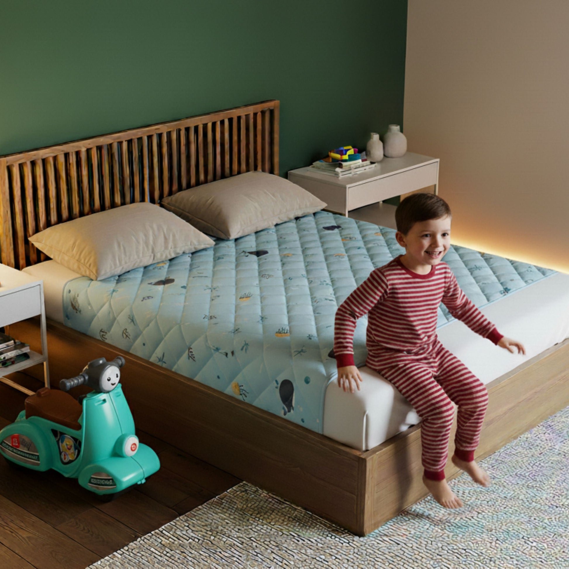 Rudie Baby leakproof bed guard in Whales print, single size with child
