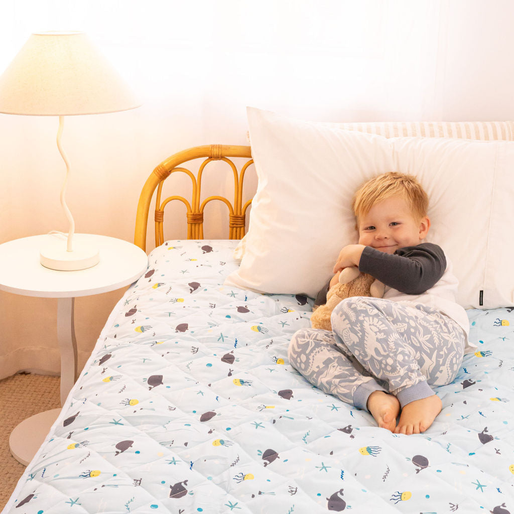 Rudie Baby leakproof fitted sheet corner view - secure fit, waterproof toddler bedding